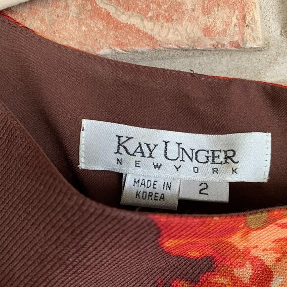 Kay Unger Women's Floral Brown Silk Wool Blend 2 Pleated Midi A-Line Dress GUC - Picture 4 of 16